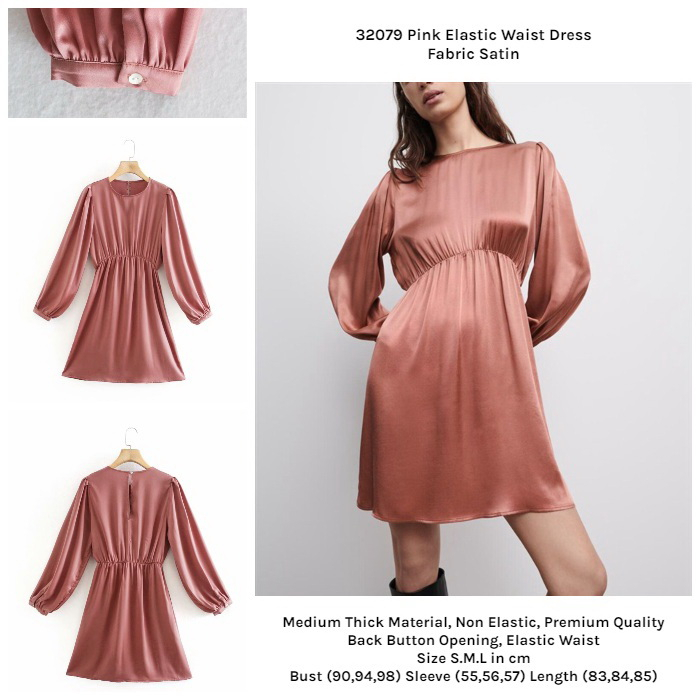 32079 Dress Pink Satin Kondangan Pesta Lengan Panjang