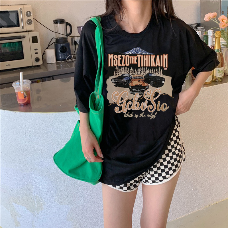 Korean Style kaos putih casual crew neck print baju kaos baju oversize wanita/kaos jumbo wanita ld LD