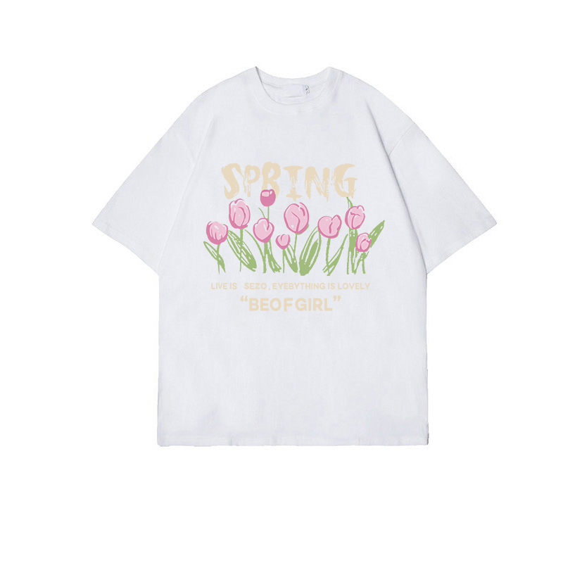 Flower Kaos Lengan Pendek Cream Atasan Wanita Oversize Printed T-shirt Kekinian Korean Style/