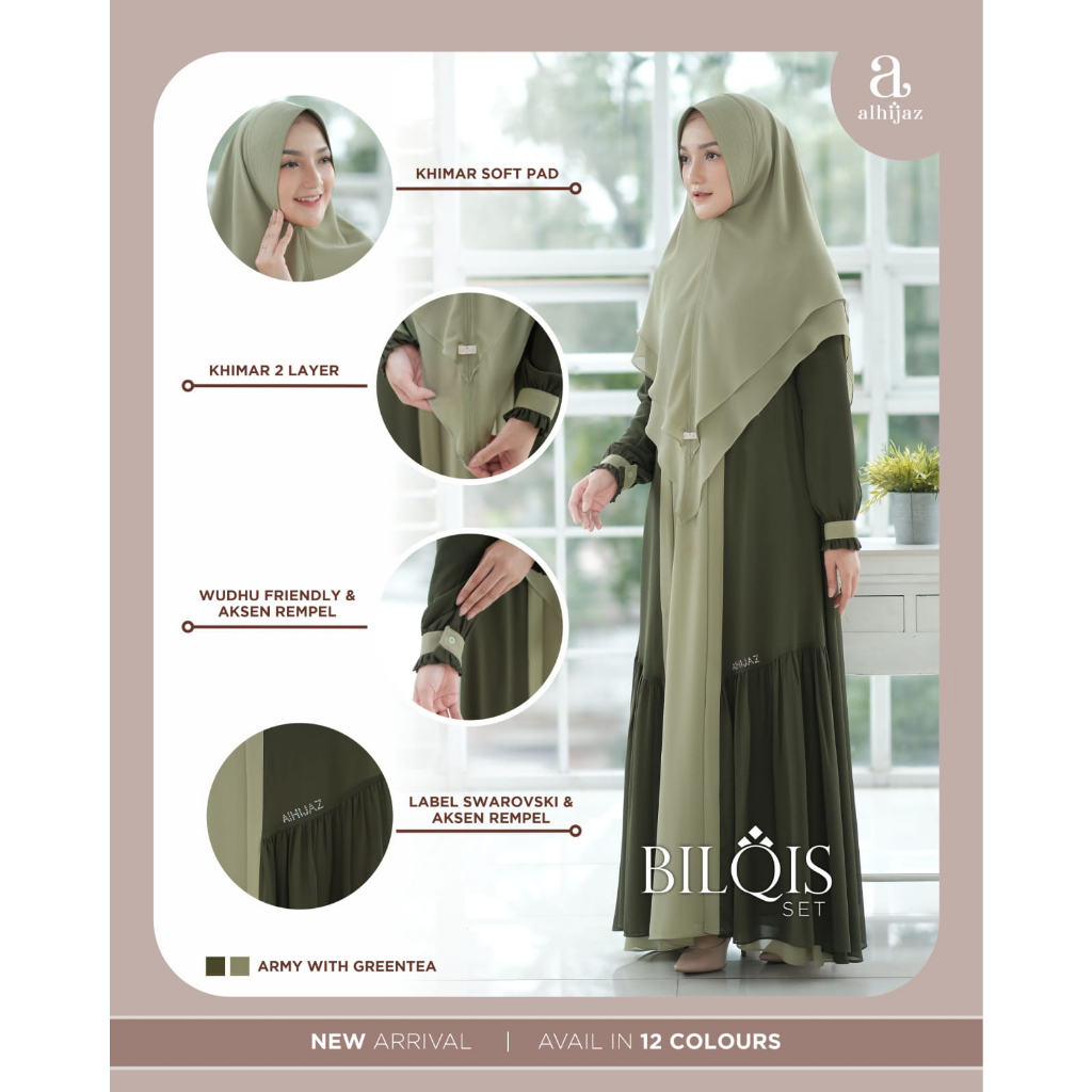 Gamis Set Khimar BILQIS AL-HIJAZ original army with green tea dan black with mocca