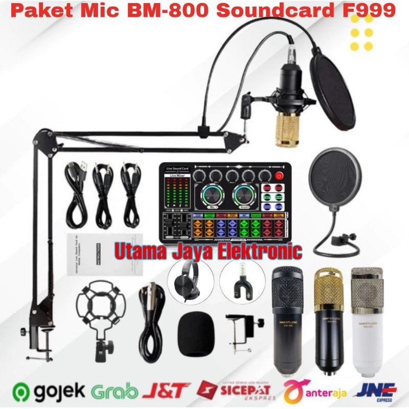 Paket Microphone BM800 Soundcard F999 Stand Arm Pop Filter