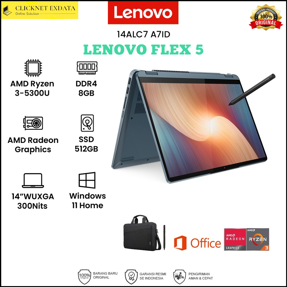 LENOVO FLEX 5 Ryzen 3-5300U 8GB 512GB SSD WUXGA TS W11 OHS - 14ALC7 A7ID
