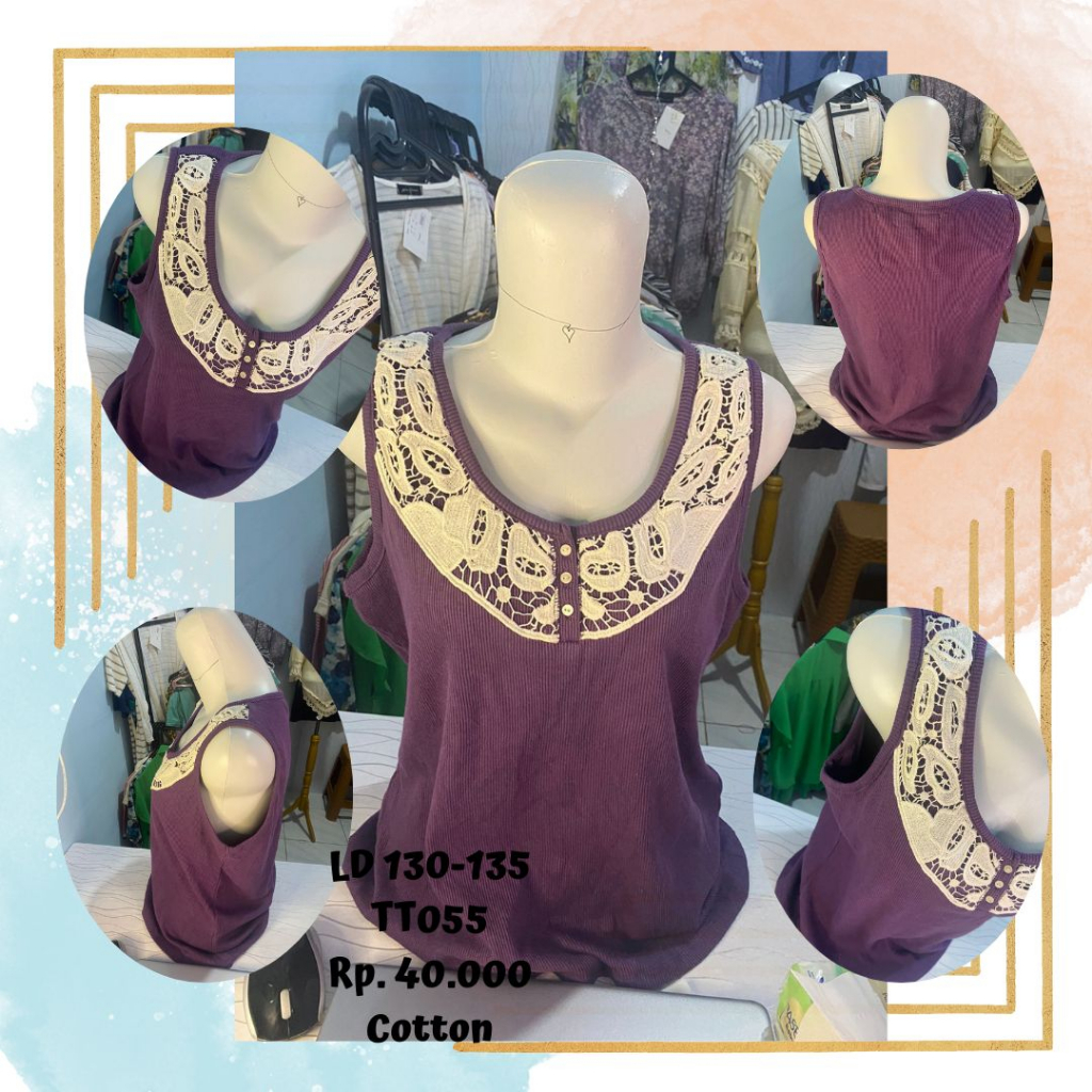 TT055 pakaian atasan wanita Theoria Tanktop Ungu leher Renda big size murah banget