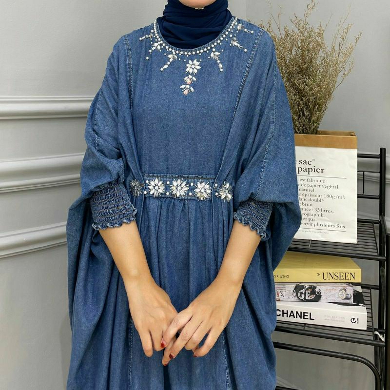 Claire Jeans Kaftan, KAFTAN JEANS JUMBO LEBARAN CANTIK MODIS FIT XXXXL BAHAN JEANS WASH IMPORT MIX MUTIARA TERMURAH OOTD TERLARIS