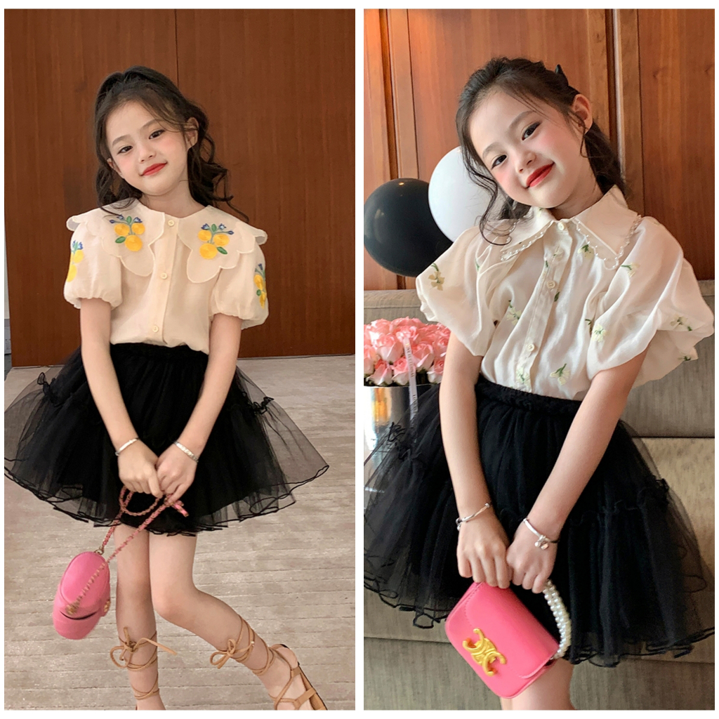 SSP80/89-Setelan Set 2in1 Anak Perempuan Fluffy Sleeve Embroidery Flower