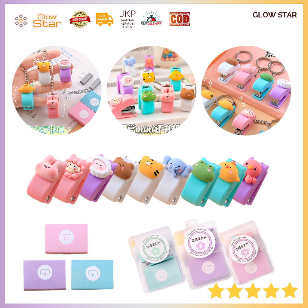 STP2 Cute Staples Set mini kecil Staples lucu kantor penjepret kertas A4, Jepretan kertas sekolah anak kantoran Dengan isi staples 1 pak pink duck chicken tiger white octopus isi staples