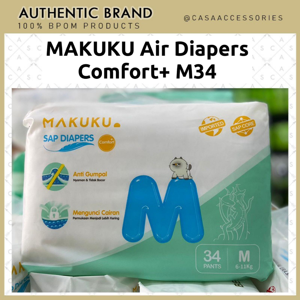 MAKUKU SAP Diapers Comfort+ plus Pants M34  Popok Bayi Tipis Extra Dry Anti Gumpal Mengunci Cairan Cepat Kering