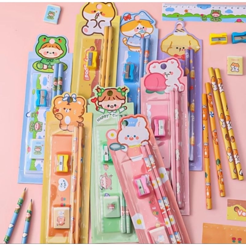 

1 Set 5 in 1 Alat Tulis Sekolah, Alat Tulis Anak Stationary 5 in 1 pensil penghapus penggaris peruncing