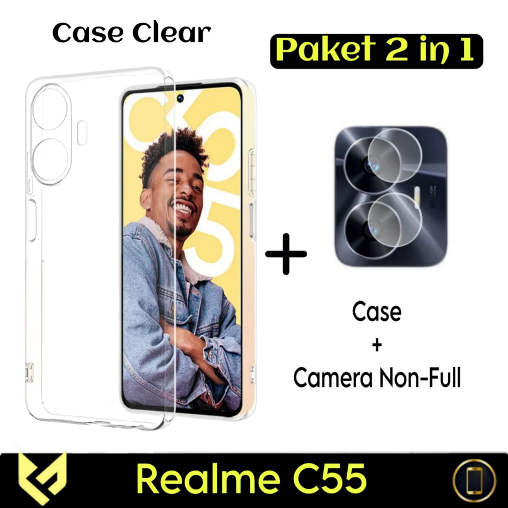 PROMO Paket 3IN1 Softcase For REALME C55 Case Clear Transparant Free Tempered Glass Camera &amp; Garskin Carbon Pelindung Anti Jamur Handphone - FIDS STOR