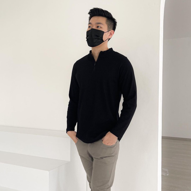 ASKE MEN - ATASAN TANGAN PANJANG PRIA KOREA - PREMIUM TOP LONGSLEEVE OUTER DROP NEEDLE KNIT WITH ZIPPER - ATASAN PRIA COUPLE - BLACK, WHITE, OLIVE, BROWN, NAVY - S , M , L , XL - HADIAH / KADO ULTAH COWOK