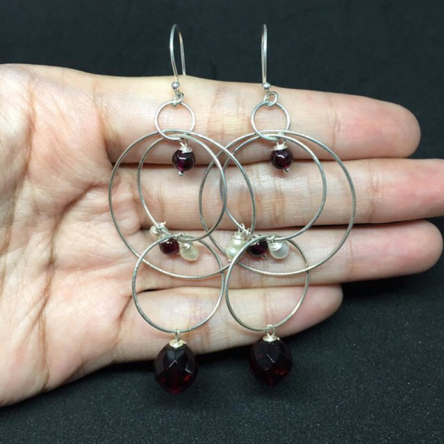 Anting Tusuk Panjang Gantung Juntai Perak Asli Silver 925 Dewasa Garnet Mutiara