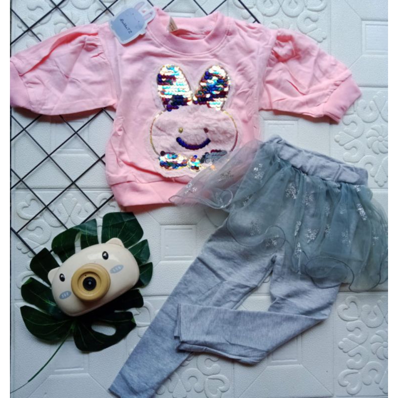 SETELAN ROK LEGGING ANAK PEREMPUAN IMPORT 1-5 TAHUN LENGAN PANJANG 7/8 / SETELAN ANAK CEWEK IMPORT ROK CELANA LEGGING TUTU + SWEATER ANGSA  BEAR KELINCI DANCE PITA MUTIARA