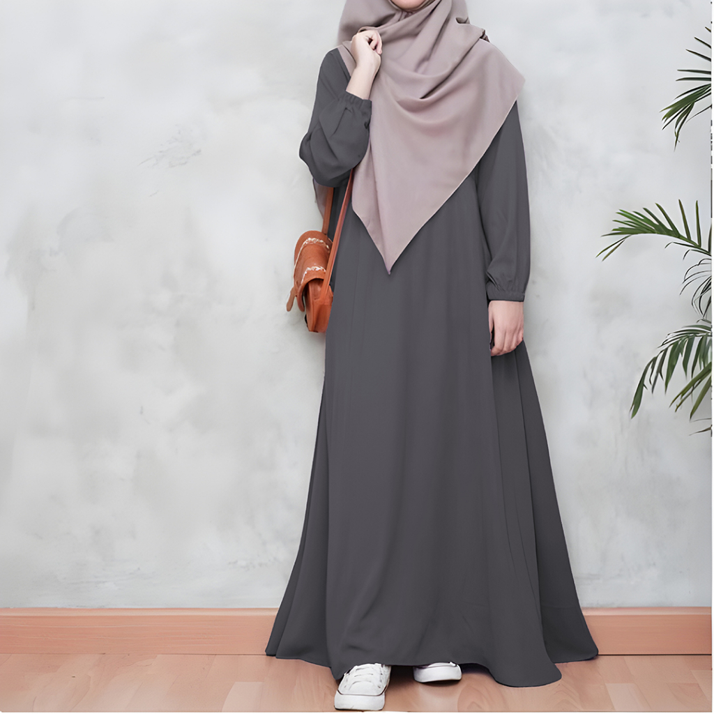 Gamis Dress Polos Lengan Karet Size S M L XL XXL Bahan Ity Crepe