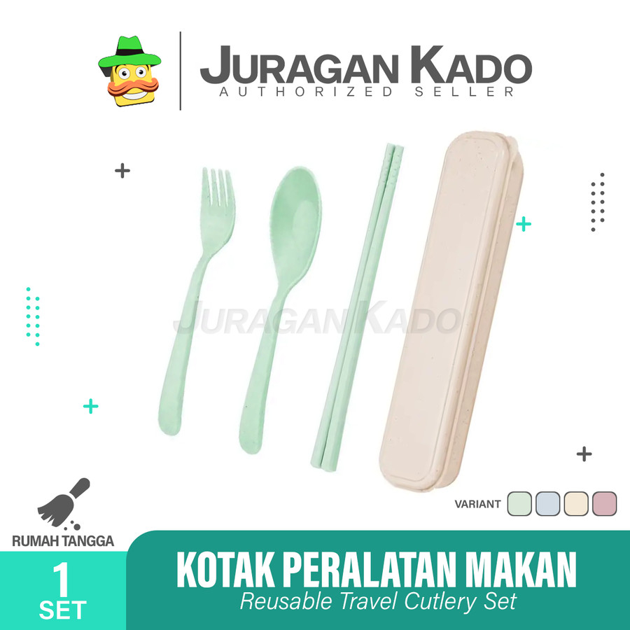 Alat Makan Set 3in1 Sendok Garpu Sumpit Plastik dengan Kotak Box Souvenir Bahan Jerami Gandum Cutlery Set