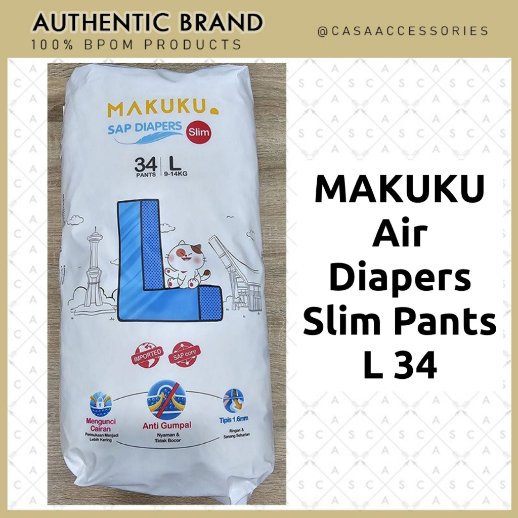 MAKUKU SAP Diapers Slim Pants L34 / Popok Bayi Tipis Extra Dry Anti Gumpal Mengunci Cairan Cepat Kering Type Celana