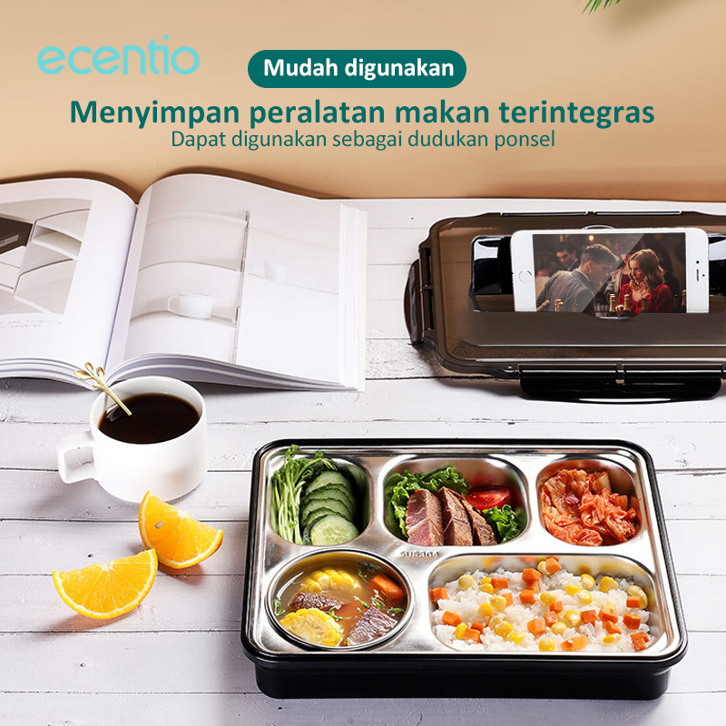 ecentio &amp; FOODI  tempat makan anak sekolah Stainless steel 304 anti tumpah 4/5 sekat 1000ml dan Mangkuk Sup Stainless /Kotak makan 2 susun 1200ml portable /Free Sendok