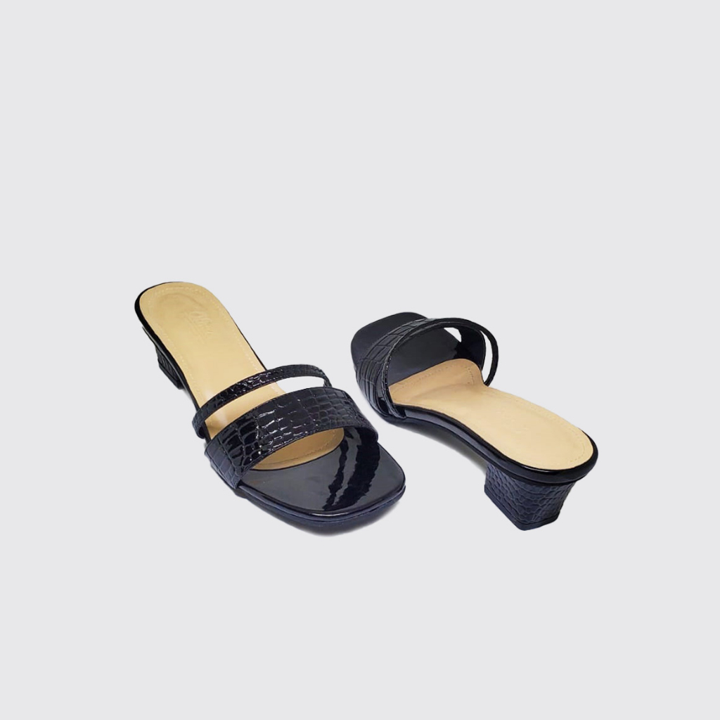 Sandal Heels Wanita (Ukuran Besar Kaki Jumbo) Sendal Santai Pesta Casual Kerja Kulit Croco Hitam Big Size