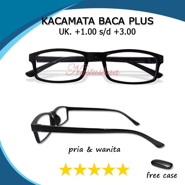 Kacamata Lensa Baca Plus (+) Uk. +1.00-+3.00 Bingkai Warna Hitam Persegi Panjang Kacamata Rabun Dekat Pria/Wanita FREECASE