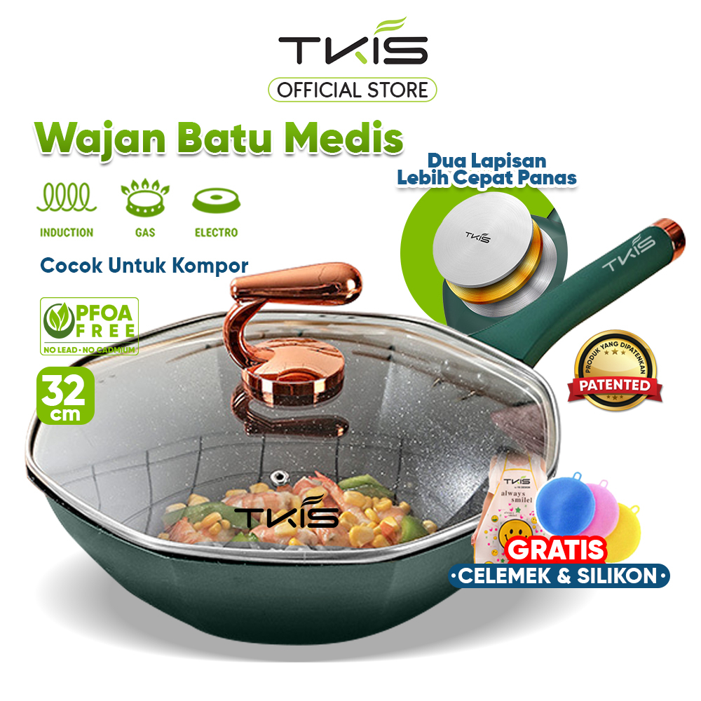 TERLARIS TKIS Panci Wajan Premium Persegi Delapan Maifan Stone 32 cm Anti Lengket Double Bottom