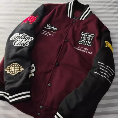 INDO - Jaket Varsity Vintage Full Bordir | Jaket Baseball Varsity Distro Pria Wanita Navy