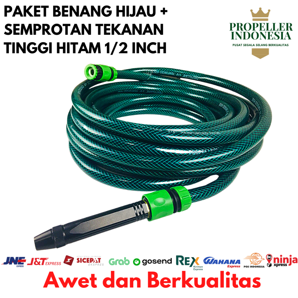 Selang Air Benang 1/2 Inch Hijau Paket Semprotan Air Lurus Hitam