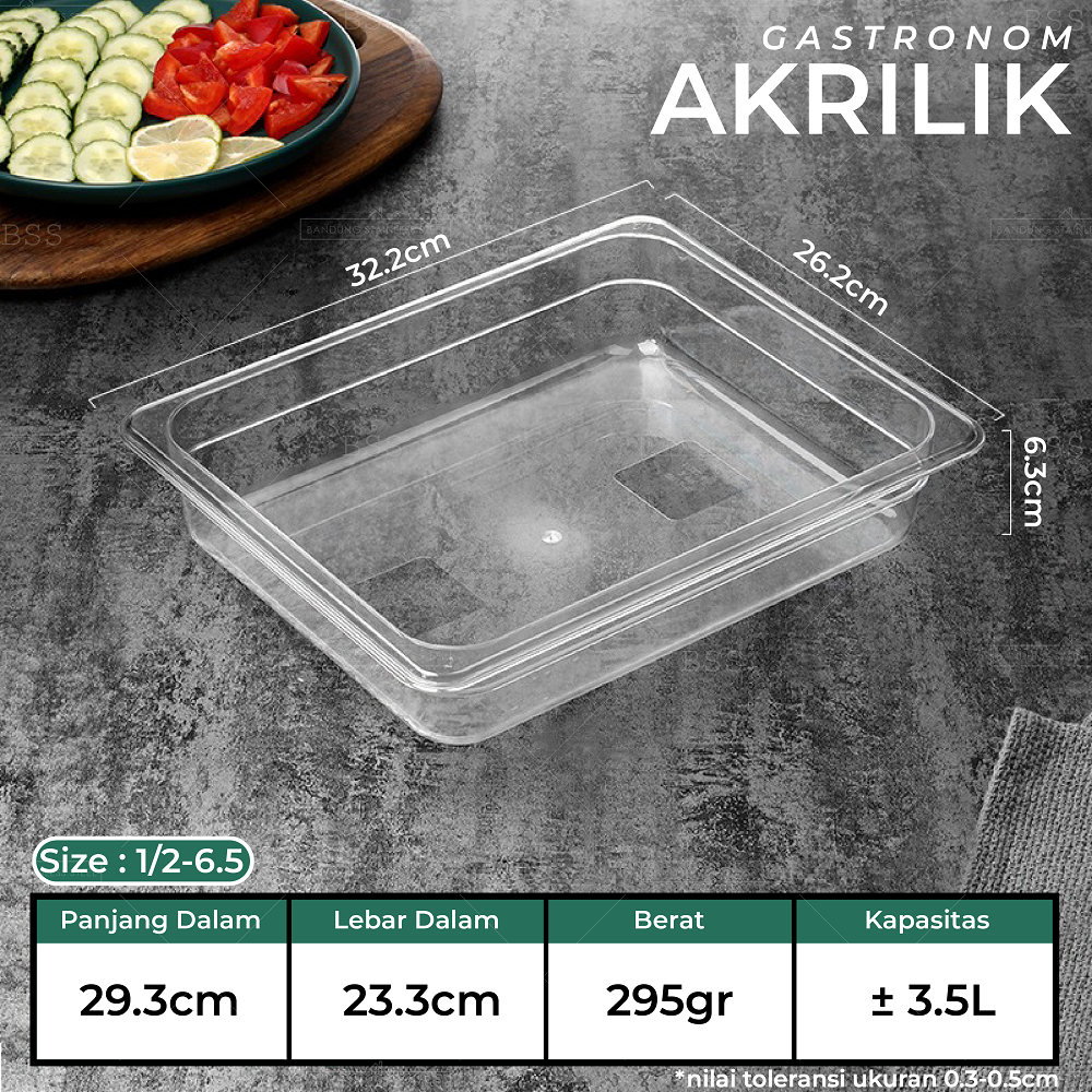 Gastronom Akrilik Food Pan 1/2/6 Kedalaman 6.5cm Wadah Penyimpanan Sayur Buah Daging Makanan Tempat Saji Prasmanan Multifungsi