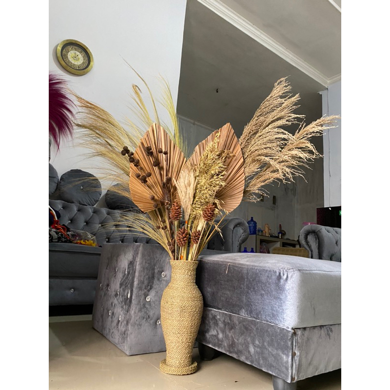 Paket Bunga Kering dan Pot Guci Tinggi 50cm / Daun Palem Kering / Bunga Kering / Pampas / Rayung / Dekorasi Kamar / Dekorasi Rustic / Dekorasi Rumah