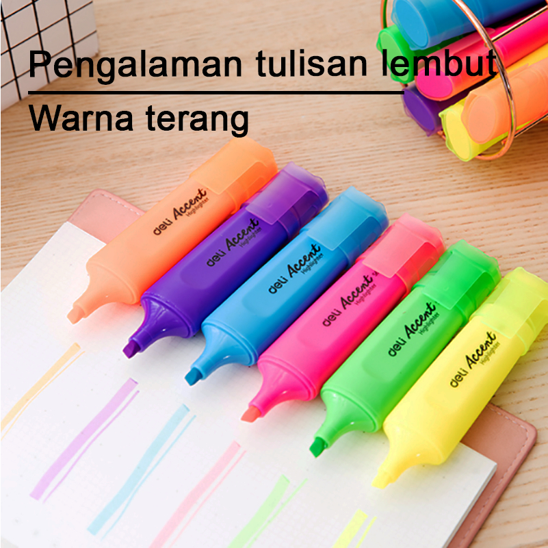 Deli highlighter pen warna tinta fluoressen yang sangat cerah spidol tinta kering cepat ES621 1-5mm Pena pena fluorescent pen