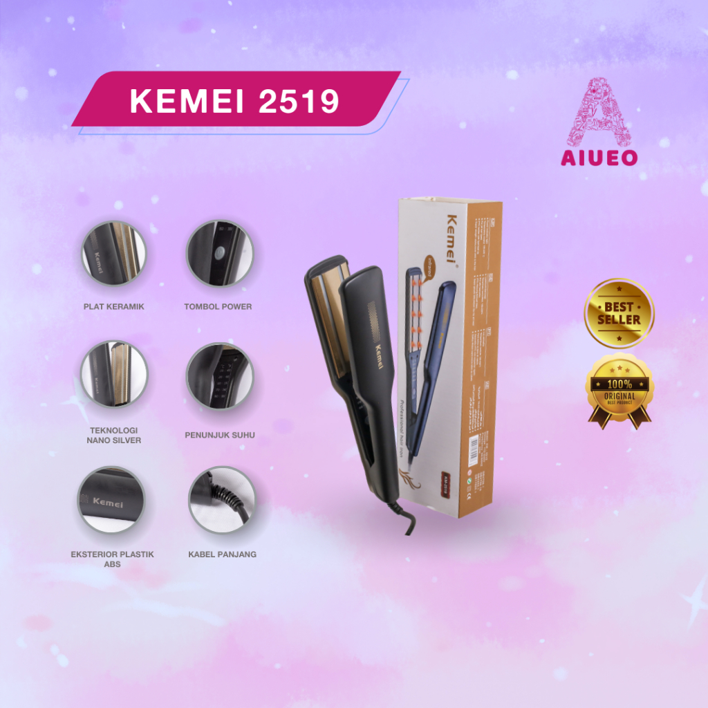 Catokan Rambut Kemei 3in1 2519 Meluruskan dan Keriting Rambut - Alat Catok Blow Hair Straightener - Warna Hitam