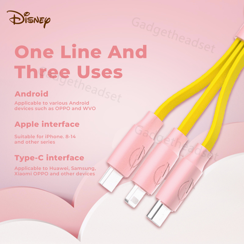 Disney kabel Charger 3 in 1 Mobile Cables Fast Charging Kompatibel 2A Lightning+MicroUSB+Type-C Panjang 80-110CM Dapat Disesuaikan Kabel Pengisian Portabel Untuk IOS/Android IPhone Samsung xiaomi