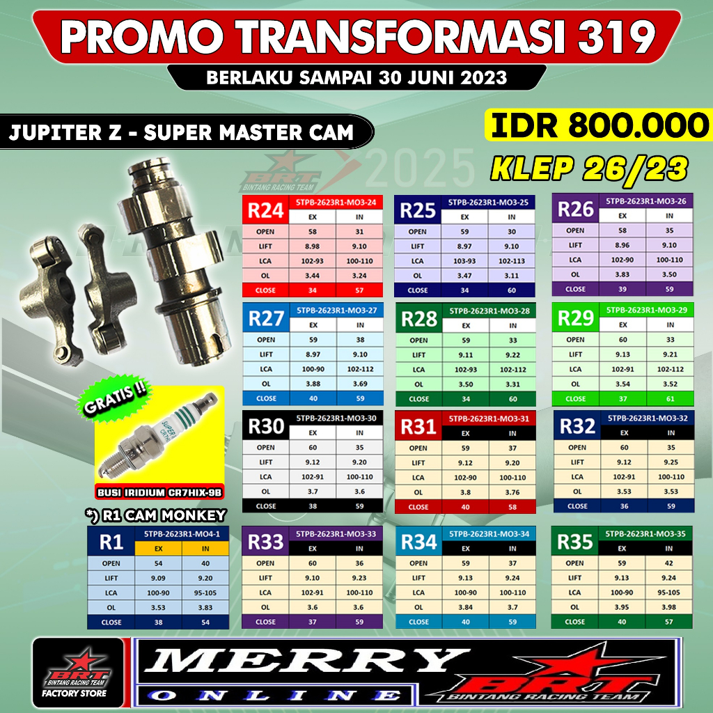 Promo 313 Super Master Cam BRT + RRA Klep 26/23 Noken as Pelatuk Roller Jupiter Z Vega R New R Series