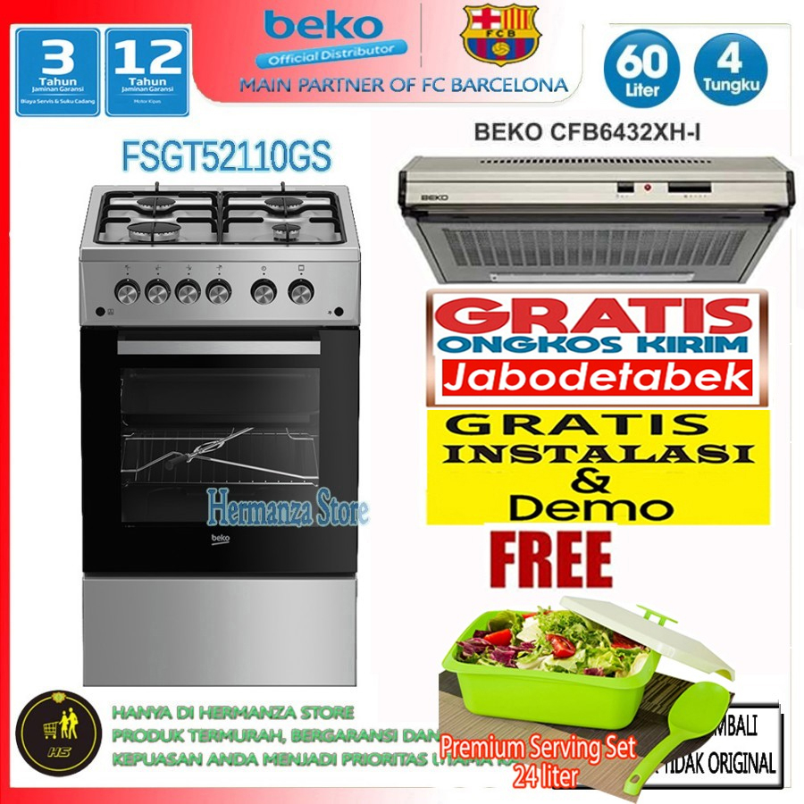 Beko Freestanding Gas Cooker Kompor Oven FSGT52110GS + Penghisap Asap Dapur Beko 60cm (FREE ONGKIR)