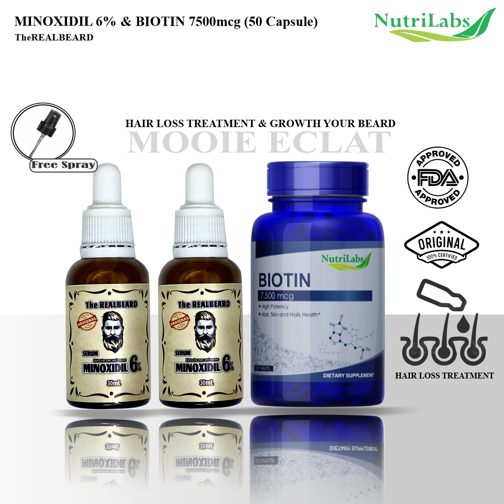 (Free Spray) 2 Botol Minoxidil 6% Dan NutriLabs Biotin 7500mcg 50 Capsule - Treatment Penumbuh Rambut Dan Brewok Original USA