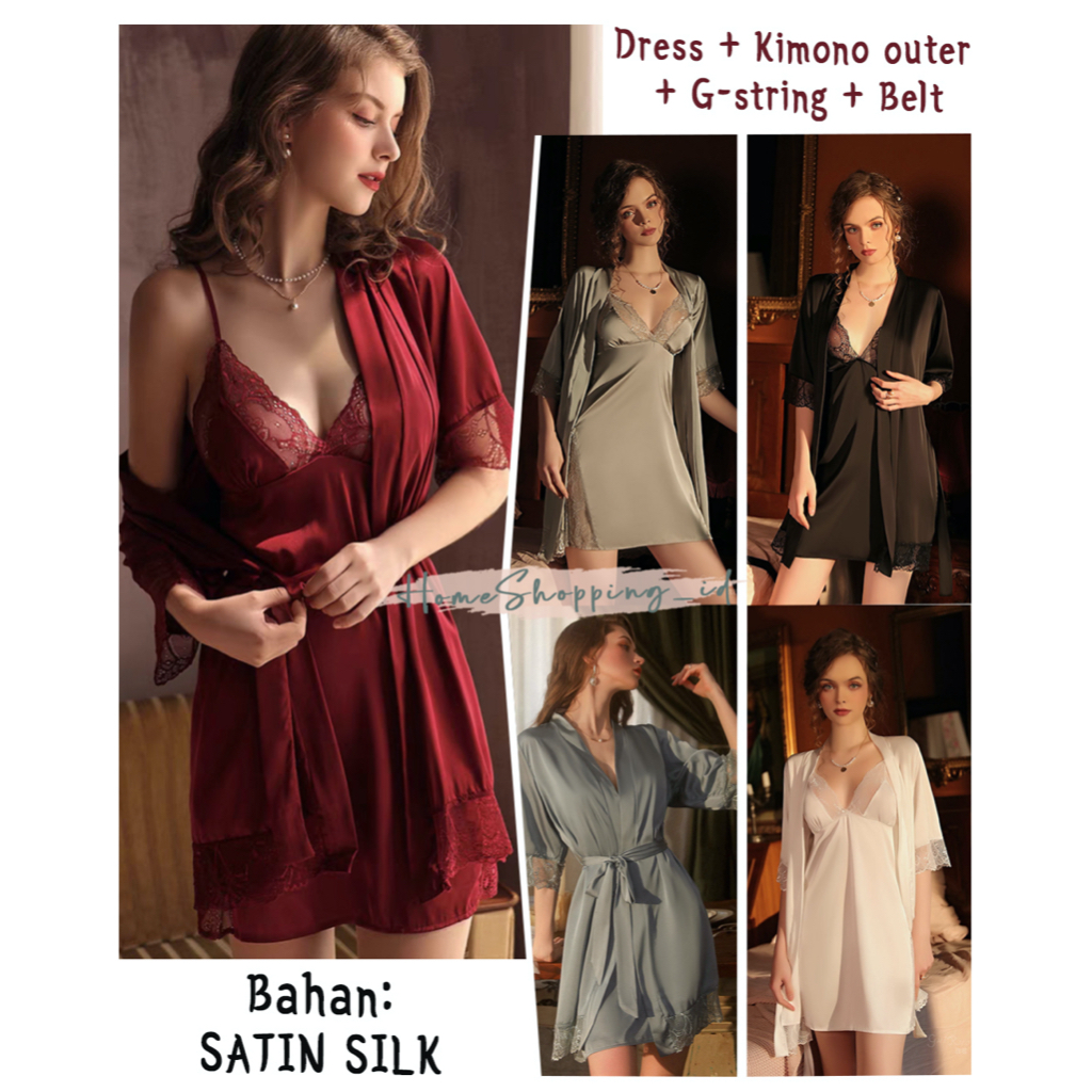 Baju Tidur Wanita Dewasa / Kimono Lingerie 2in1 - Kimono Lingerie Satin Silk