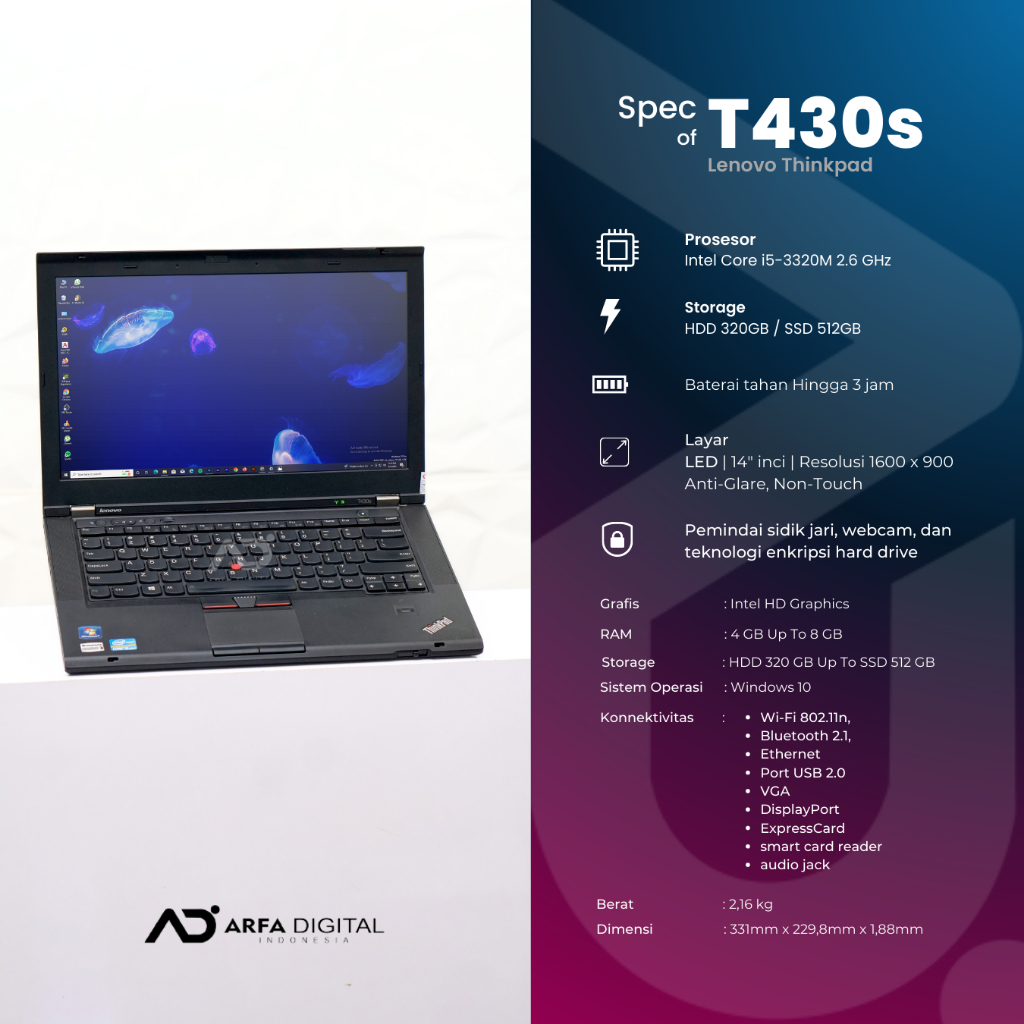 Laptop Lenovo Thinkpad T430s Intel Core i5 Gen 3 Ram 8GB SSD 256GB 14&quot; Win 10 Bergaransi