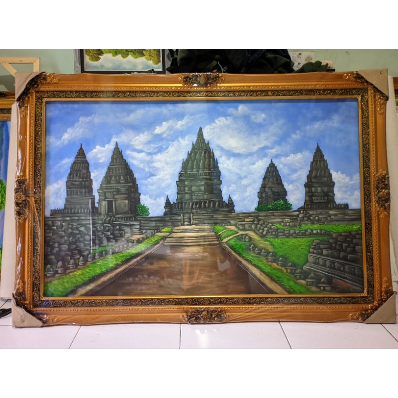 Lukisan candi Prambanan Ukuran 135cm x 85cm sudah full pigura kayu