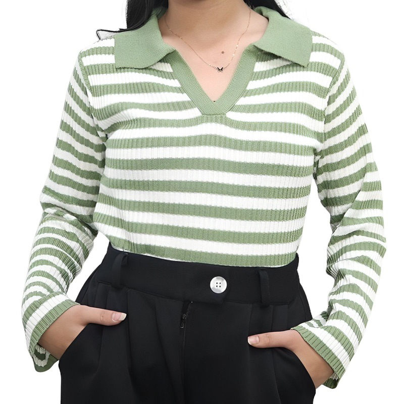 Kaos Kerah Rajut Wanita - T-shirt Kra Vneck Salur