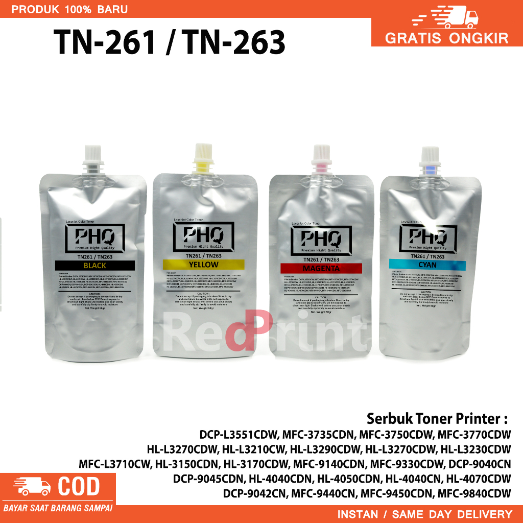 Serbuk Toner Cartridge TN263 / TN261 printer DCP-L3551CDW / MFC-3735CDN / MFC-9330CDW / MFC-9140CDN / HL-3170CDW / HL-3150CDN / HL-L3290CDW / HL-L3270CDW  / HL-L3230CDW  / MFC-L3710CW