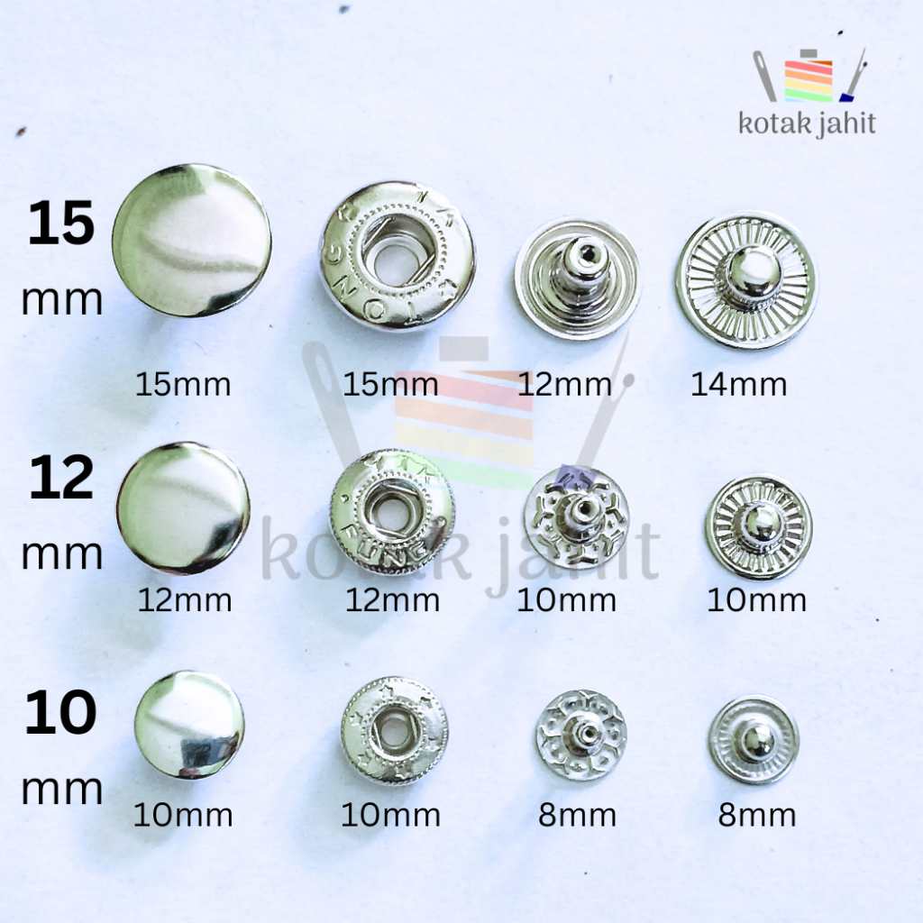 Kancing snap besi 10 set pcs ukuran 10mm / 12mm / 15mm warna atg silver nikel kancing cetet jepret