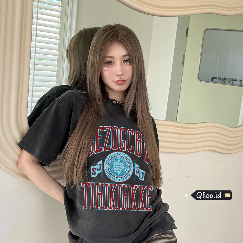 Print Washed T-shirt Kaos Lengan Pendek Oversize Retro Blue Cursor Korean Style Atasan Wanita