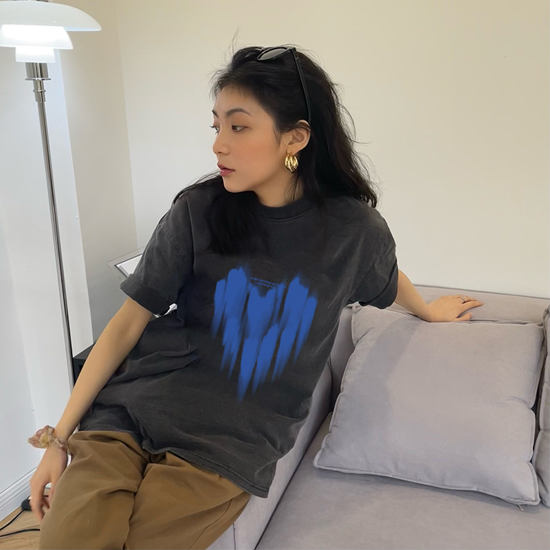 Print Washed T-shirt Kaos Lengan Pendek Oversize Vintage Blue Flow Heart Korean Style Atasan Wanita
