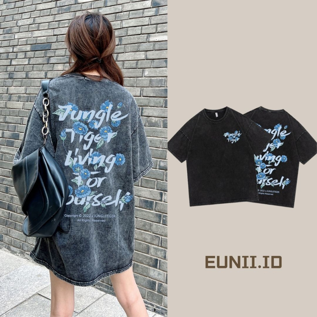 EUNII T-shirt Lengan Pendek Black Washed Vintage Blue Rose Printing Korean Style/Kaos Atasan Wanita/Baju Wanita