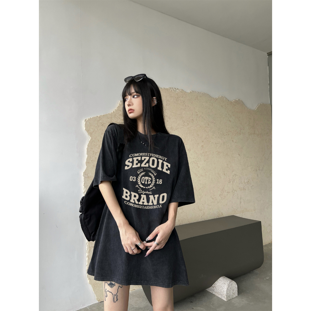 EUNII T-shirt Lengan Pendek Black Washed Vintage English Printing Korean Style/Kaos Atasan Wanita/Baju Wanita