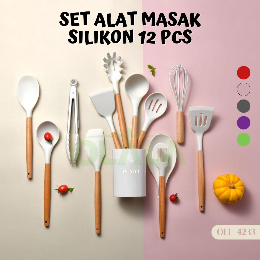 ALAT MASAK SET PERALATAN MASAK 12IN1 SET SILICONE KITCHEN SET UTENSIL SPATULA COOKING BPA-FREE OLL-4233-88