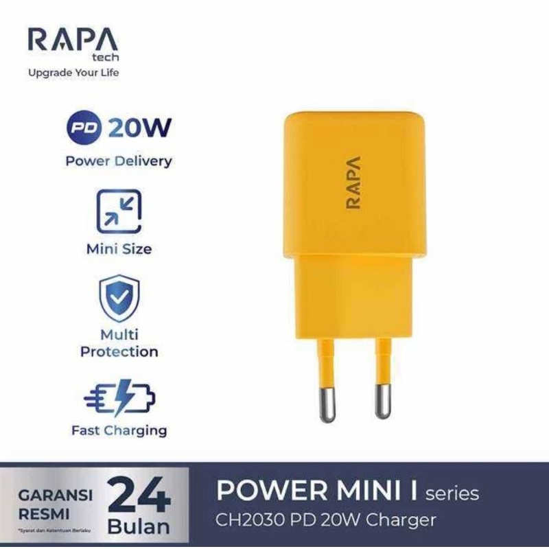 RAPA CHARGER POWER MINI 1 PORT KABEL Konector USB Type-C CH2030 - Colokan Kepala Listrik Cepat Charg
