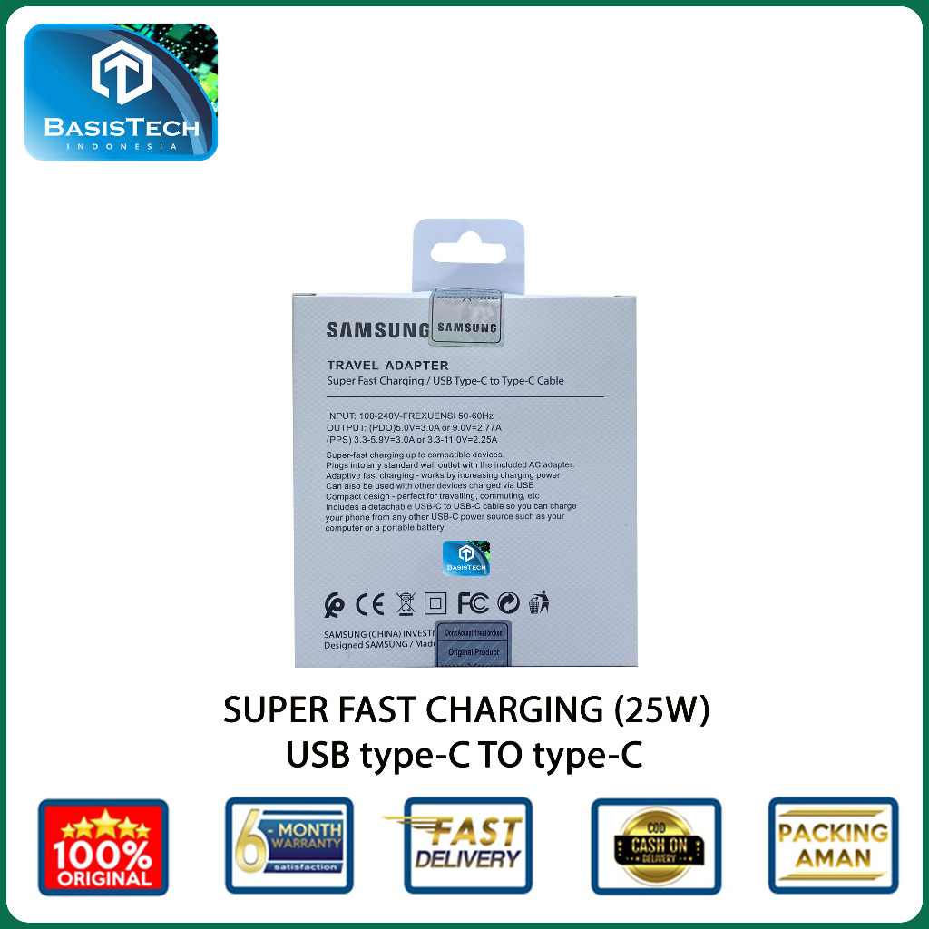 CHARGER SAMSUNG NOTE 10 TYPE C TO TYPE C 25W TA800 SUPER FAST BASISTECH ORIGINAL QUALITY