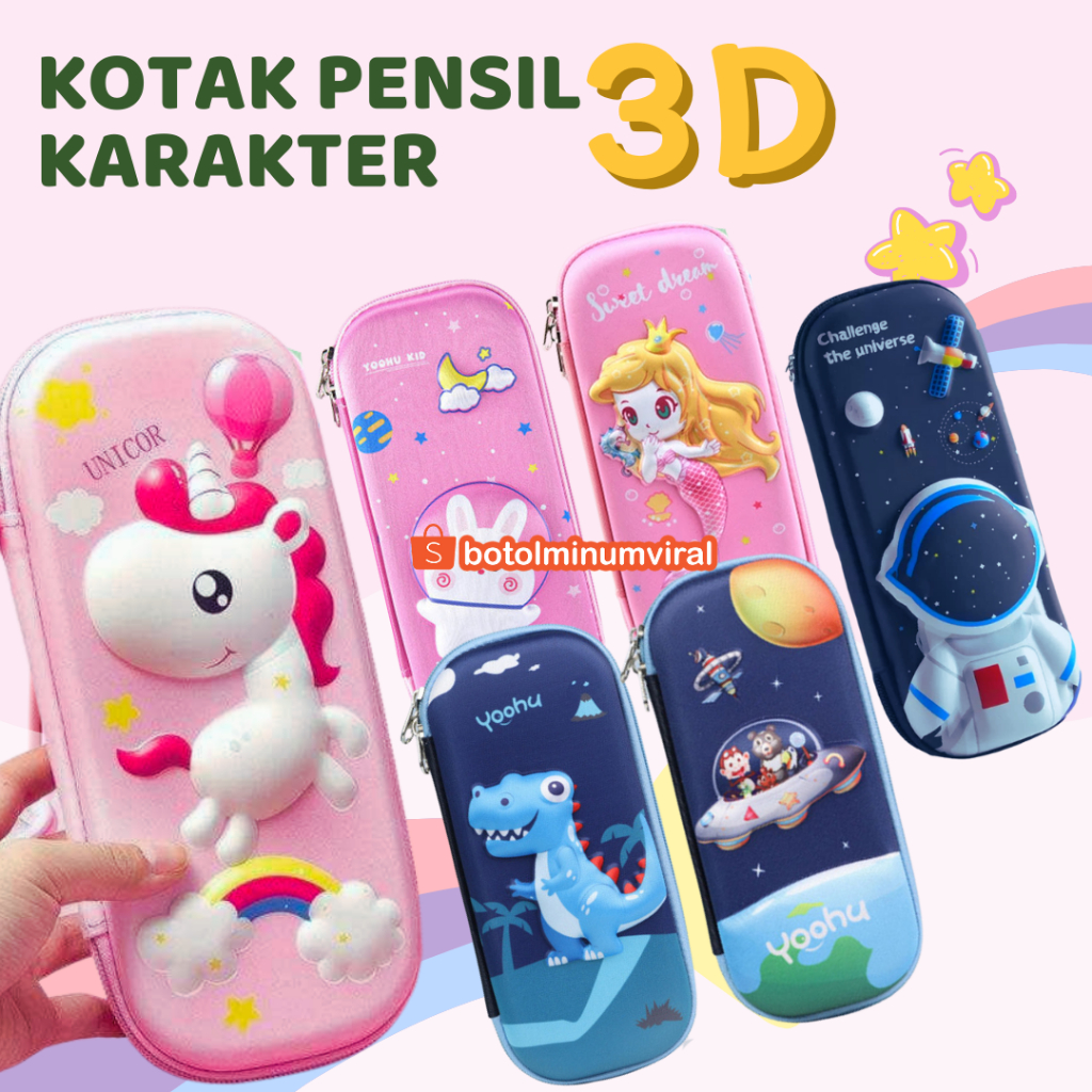 Tempat Pensil 3D Timbul Kotak Karakter Unicorn Astronot Dino Mermaid