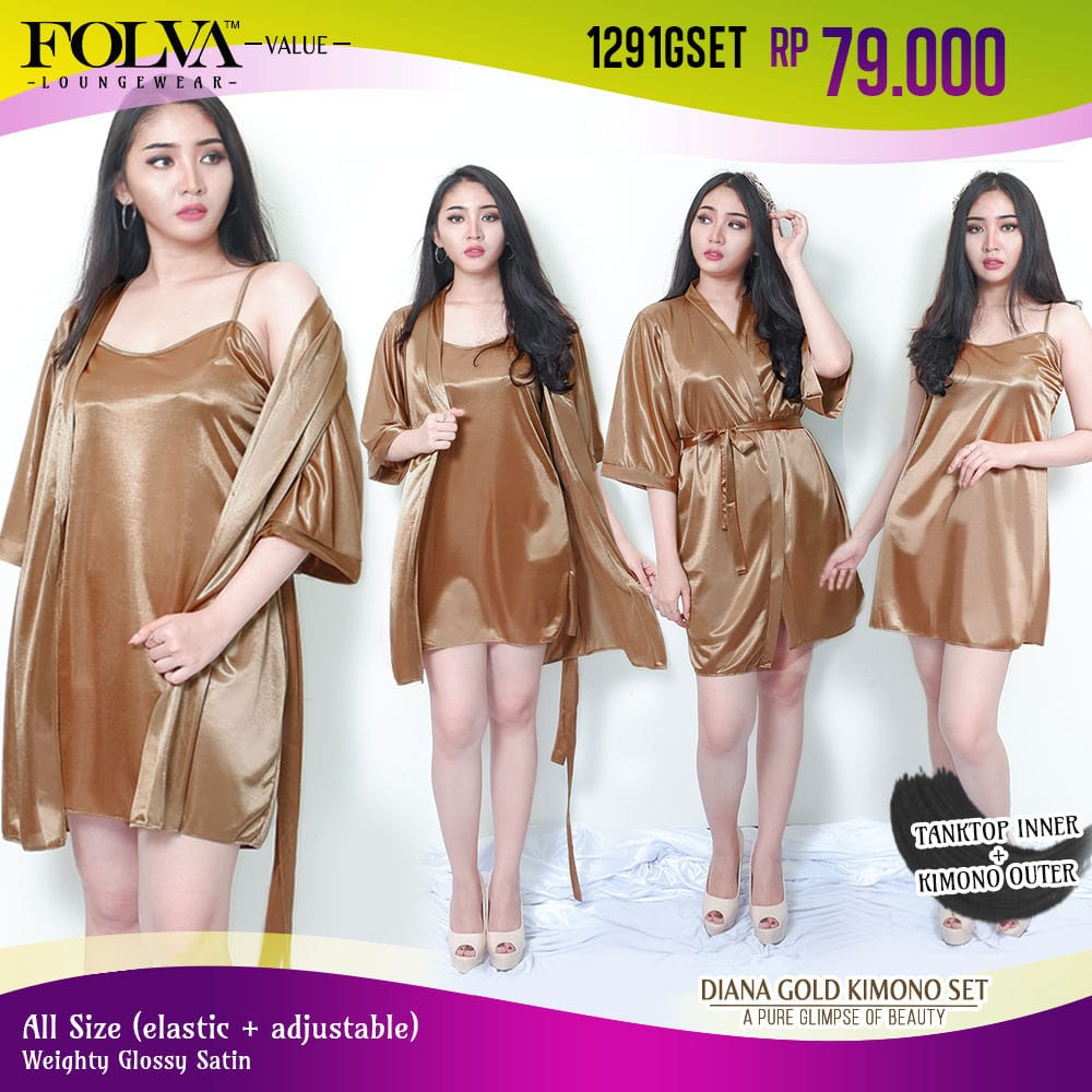 FOLVA kimono set baju tidur satin 1291GSET gold all size