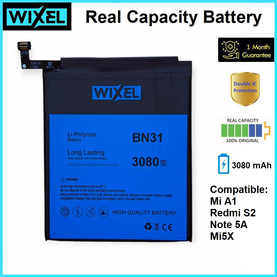 WIXEL Baterai XiaoMi BN31 Redmi S2 Note 5A Mi5X Mi A1 5X Real Capacity Battery Original 100% Ori Batre Batrai HP Handphone BN 31 Double Power