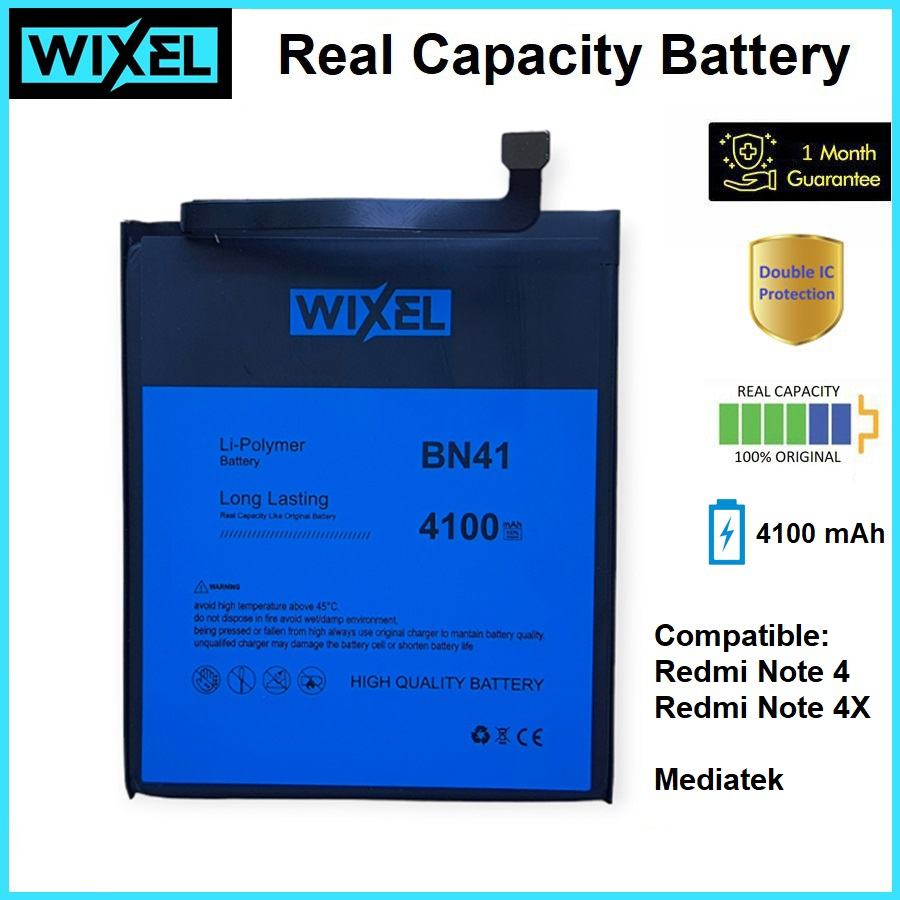 WIXEL Baterai XiaoMi BN41 Redmi Note 4 4X Mediatek Real Capacity Battery Original 100% Ori Batre Batrai HP Handphone BN 41 Double Power